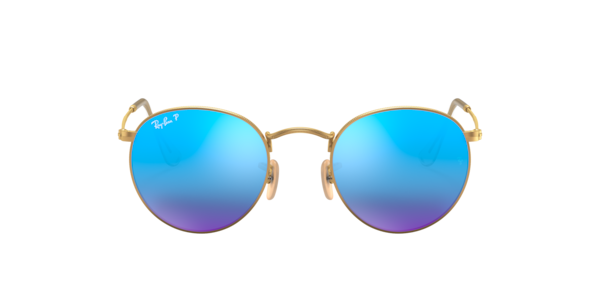 Ray-Ban Round Flash Lenses Sunglasses Gold Frame Blue Lenses Polarized 50-21